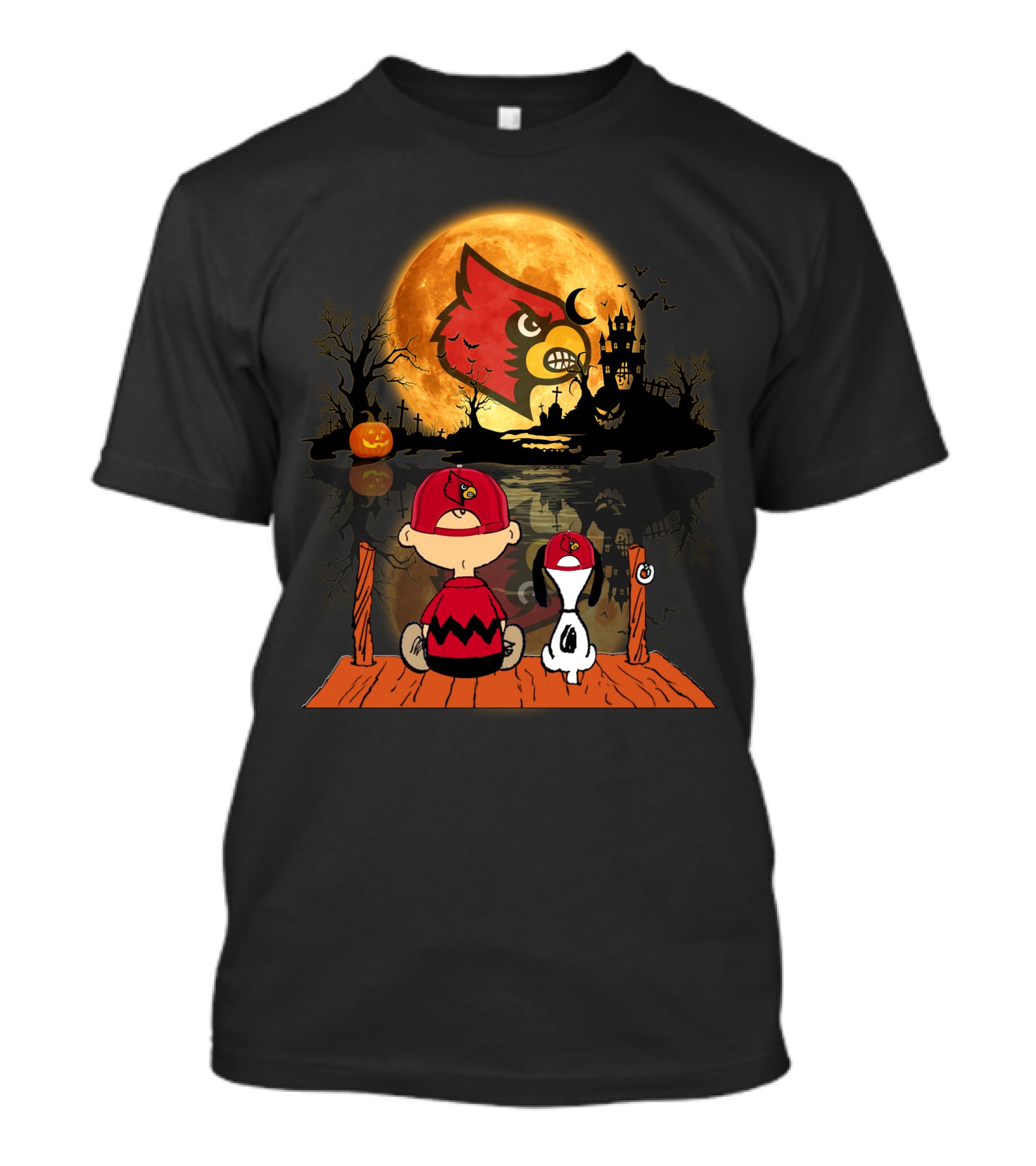 Louisville Cardinals Halloween Moon Scene With Characters And Haunted House T-Shirt