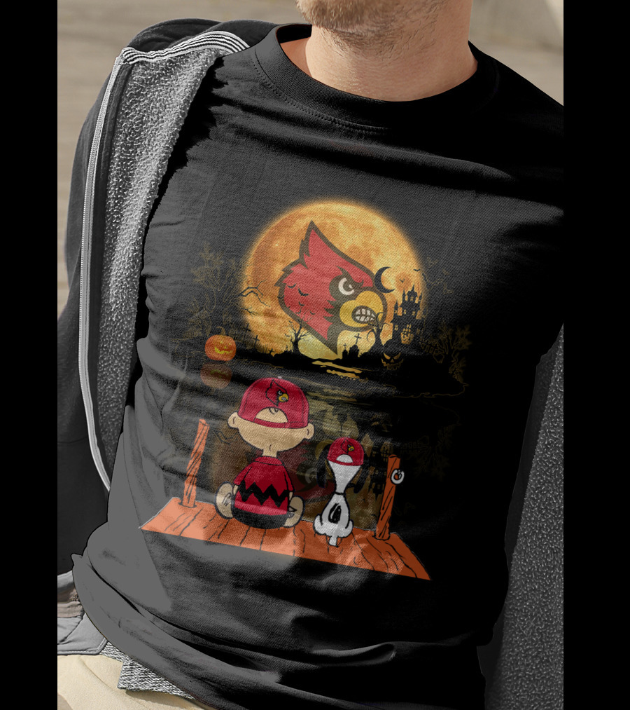 Louisville Cardinals Halloween Moon Scene With Characters And Haunted House T-Shirt