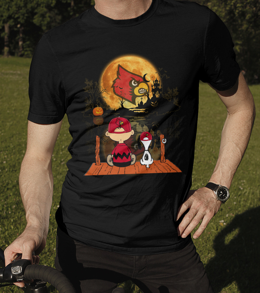 Louisville Cardinals Halloween Moon Scene With Characters And Haunted House T-Shirt