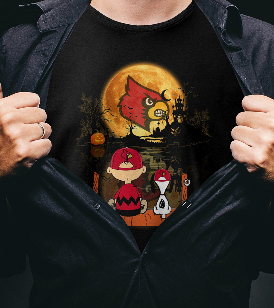 Louisville Cardinals Halloween Moon Scene With Characters And Haunted House T-Shirt