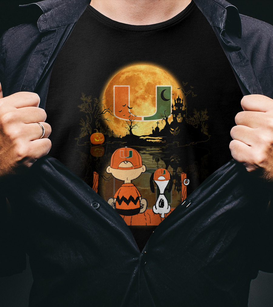 Miami Hurricanes Halloween Full Moon U Logo Charlie And Snoopy Scene T-Shirt