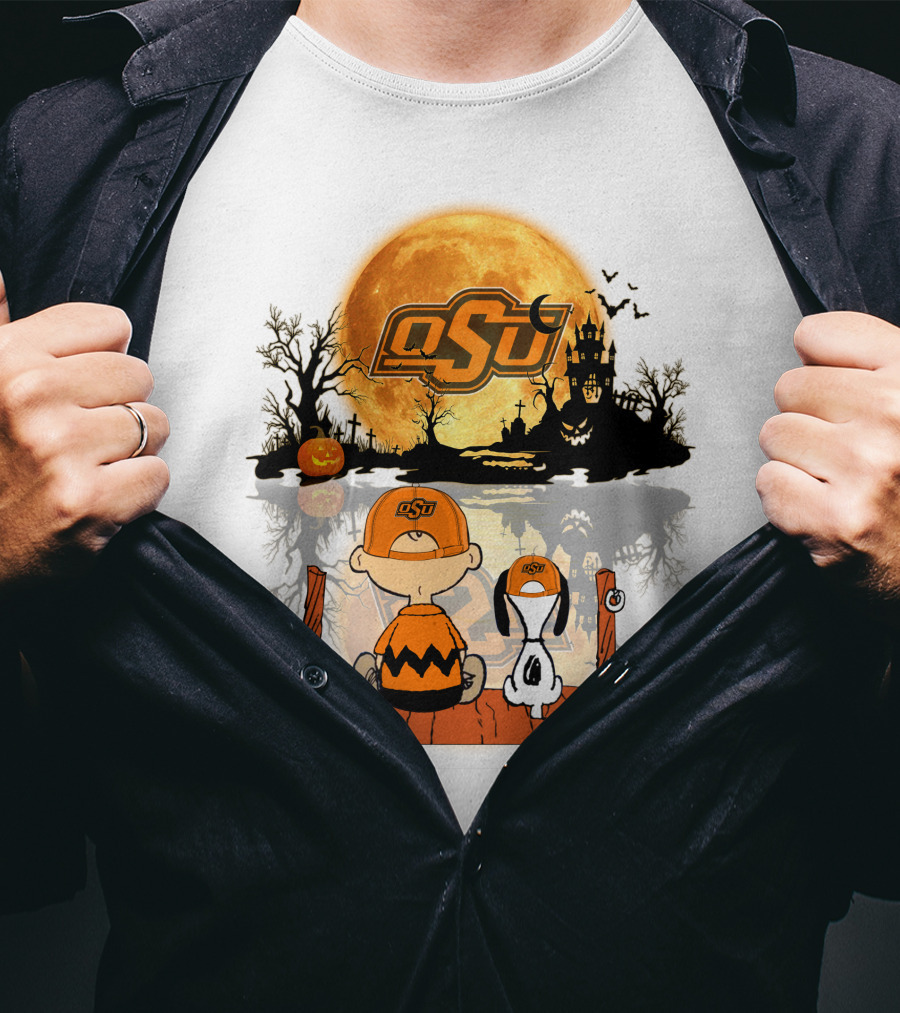 Oklahoma State Cowboys Halloween OSU Moon Charlie And Snoopy T-Shirt