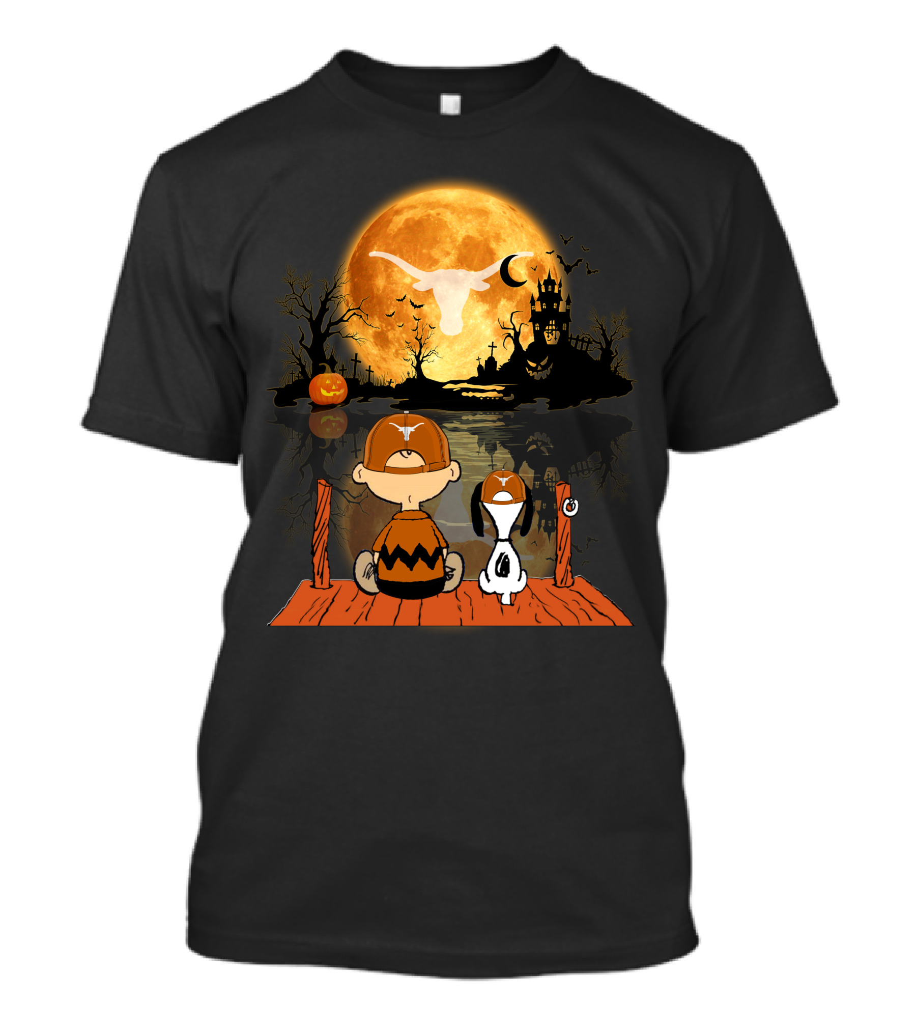 Texas Longhorns Halloween Charlie Brown Snoopy Full Moon Haunted Scene T-Shirt