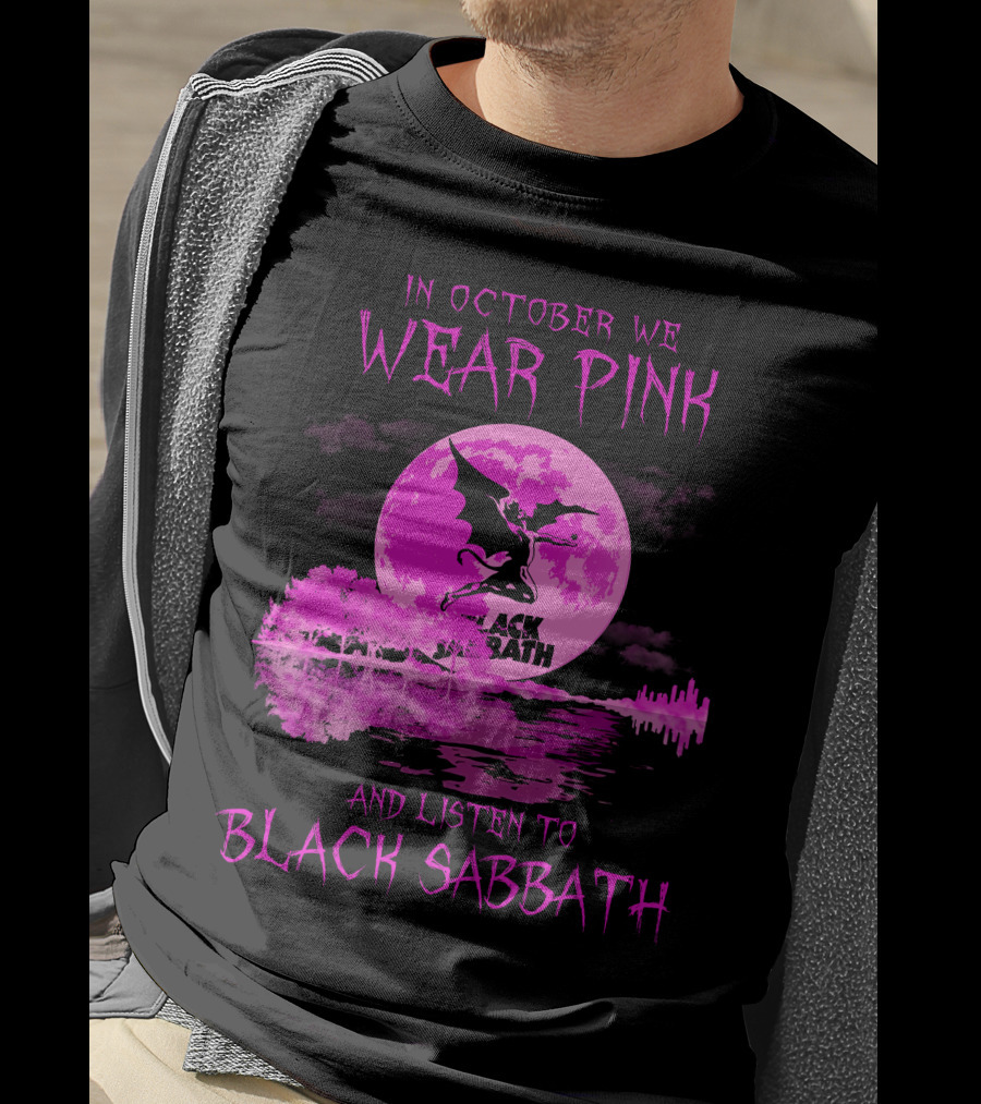 In October We Wear Pink With Black Sabbath Bat Silhouette And Pink Moon Reflection T-Shirt