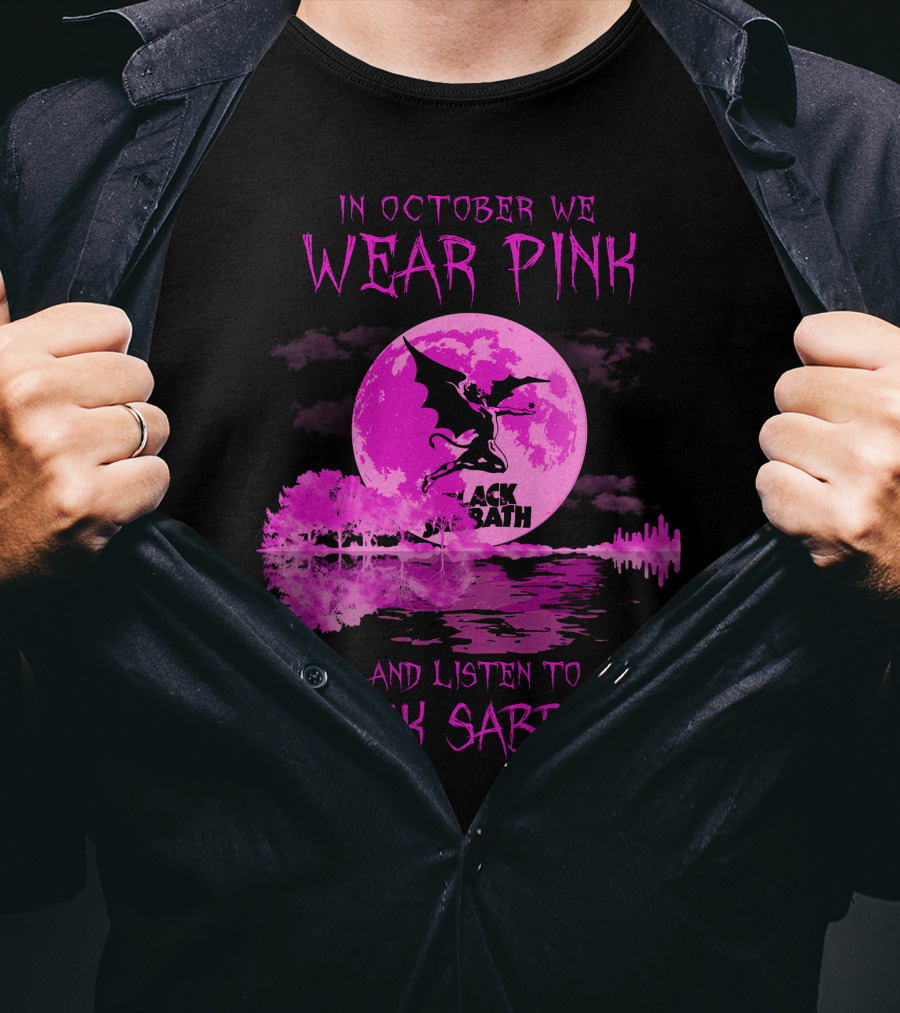 In October We Wear Pink With Black Sabbath Bat Silhouette And Pink Moon Reflection T-Shirt
