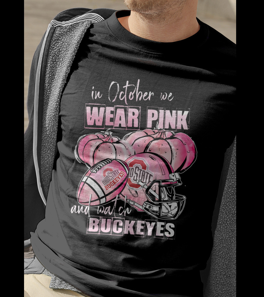 Ohio State Buckeyes In October We Wear Pink Football Helmet Pumpkins T-Shirt