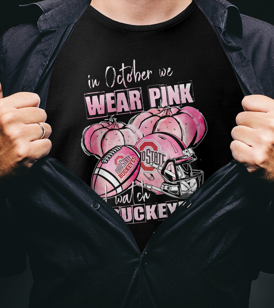 Ohio State Buckeyes In October We Wear Pink Football Helmet Pumpkins T-Shirt