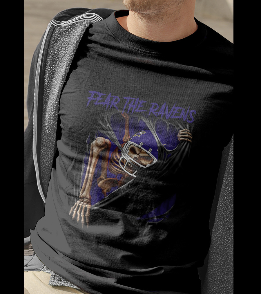 Fear The Ravens Baltimore NFL Skeleton Ravens Helmet Tear T-Shirt