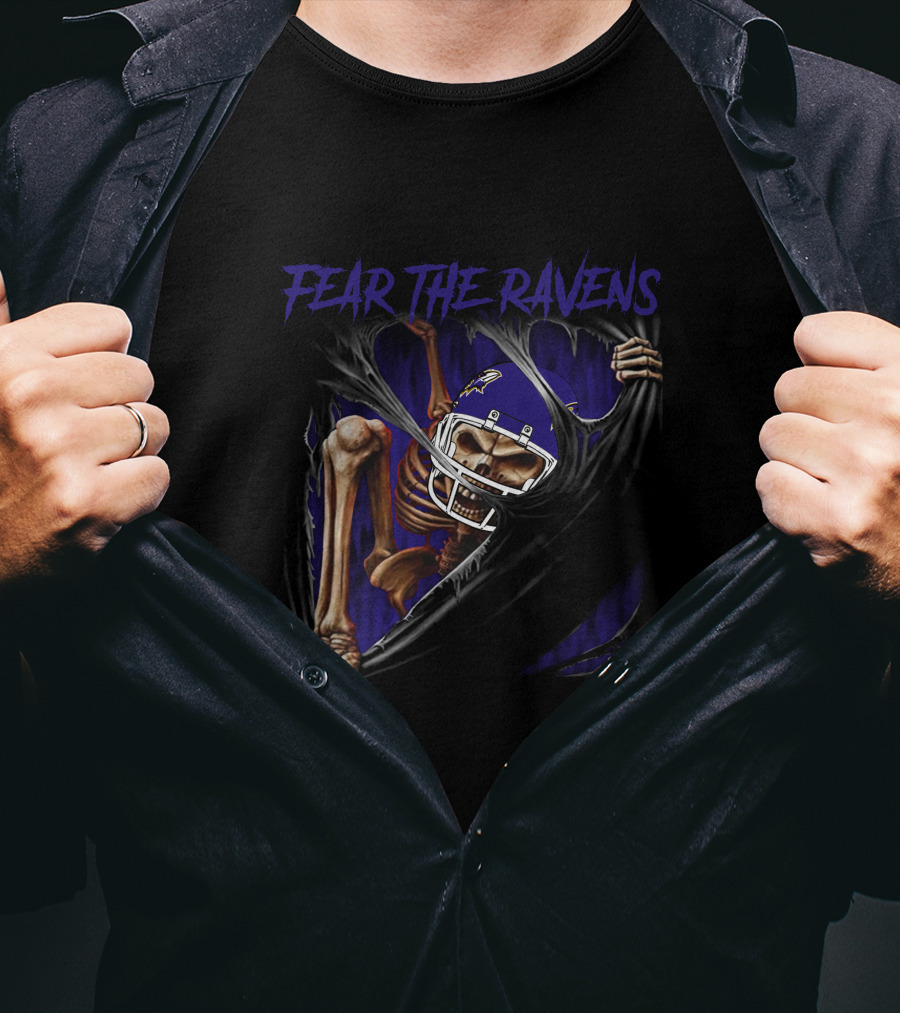 Fear The Ravens Baltimore NFL Skeleton Ravens Helmet Tear T-Shirt