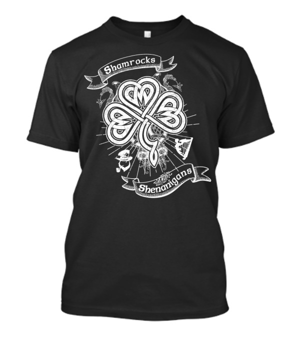 Shamrocks And Shenanigans Intricate Celtic Knot With Harp And Dancing Leprechaun T-Shirt