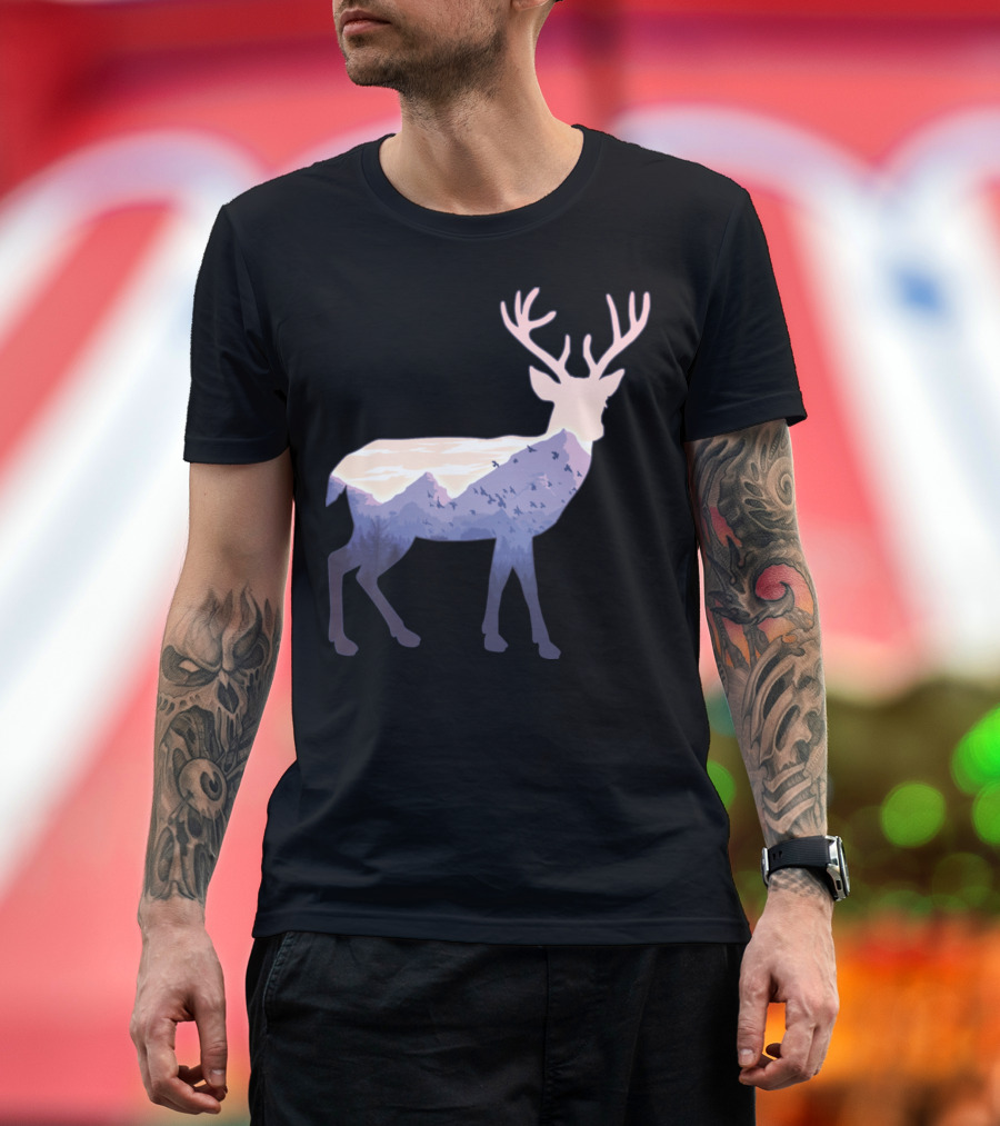 Deer Mountain Silhouette with Scenic Landscape and Birds Majestic Nature Scene T-Shirt
