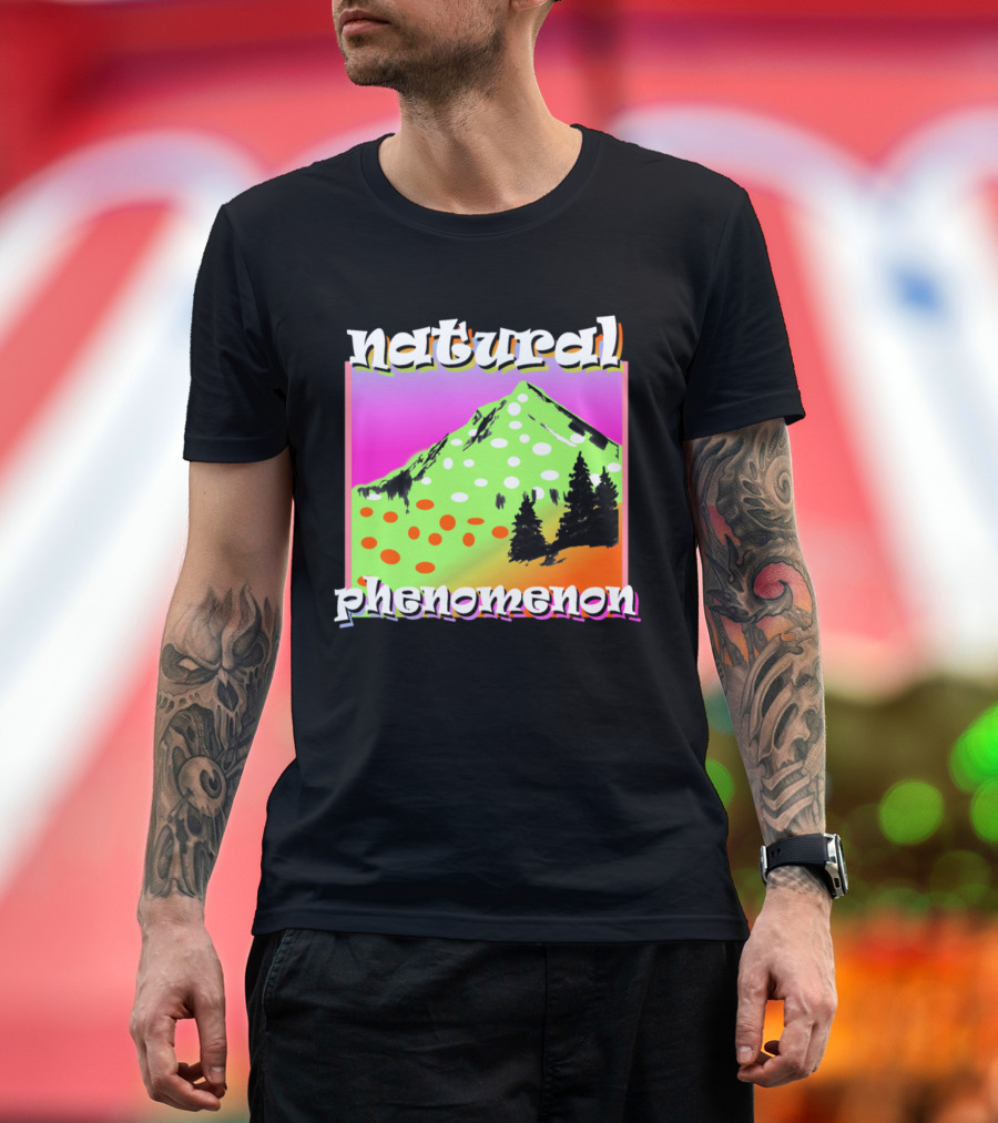 Natural Phenomenon Vibrant Mountain Scene with Trees and Polka Dots T-Shirt