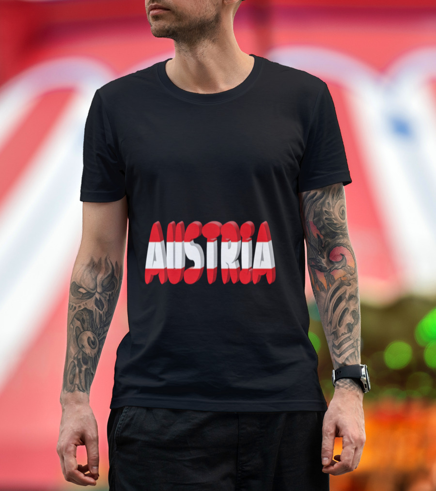 Austria Mountains Red and White Text with Alpine Peaks T-Shirt