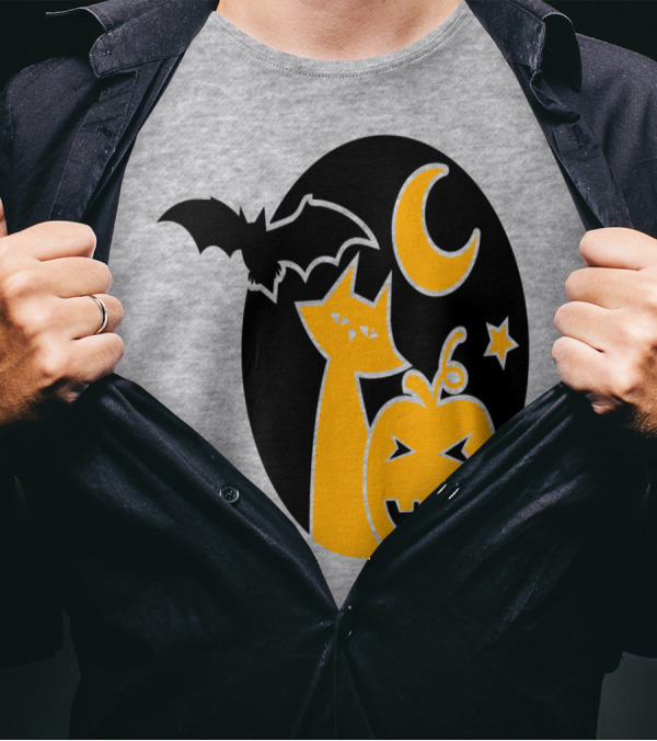 Halloween Circle Bat Cat Pumpkin Moon Star T-Shirt