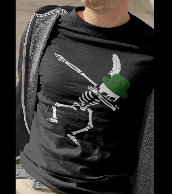 Dabbing Skeleton With Green Feathered Hat T-Shirt