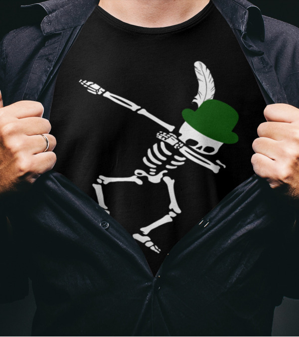 Dabbing Skeleton With Green Feathered Hat T-Shirt