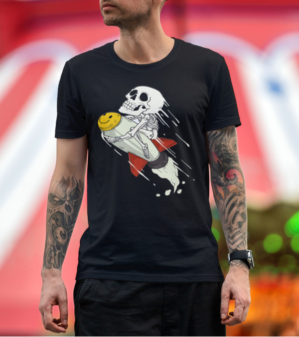 Premium T-Shirt: Skeleton Riding Rocket with Smiley Face Space Astronaut T-Shirt Skeleton Riding Rocket with Smiley Face Space Astronaut T-Shirt