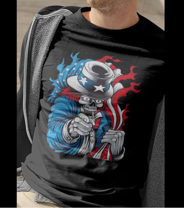 Skeleton Uncle Sam Holding American Flag Vector T-Shirt