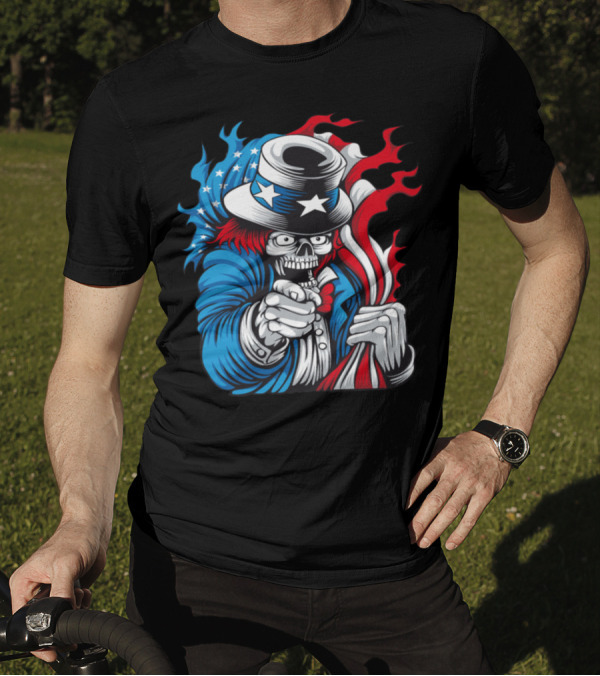 Skeleton Uncle Sam Holding American Flag Vector T-Shirt