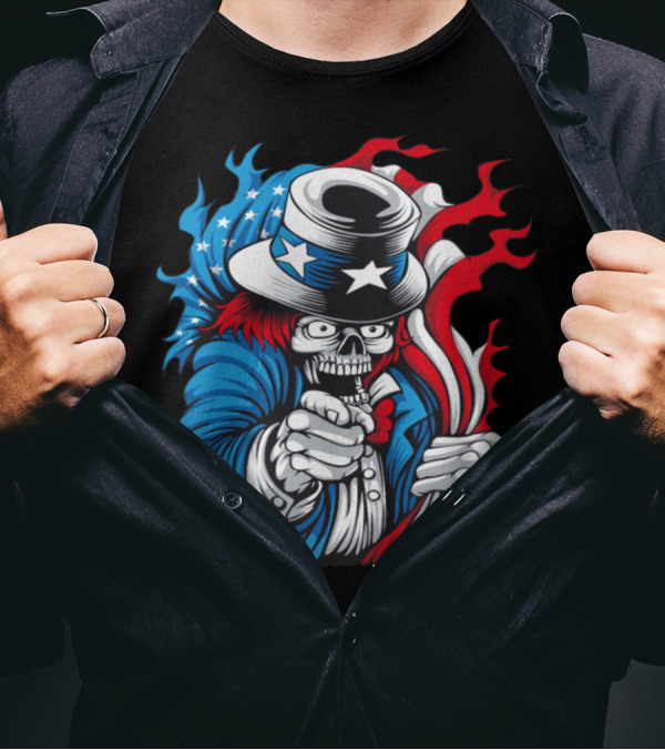 Skeleton Uncle Sam Holding American Flag Vector T-Shirt