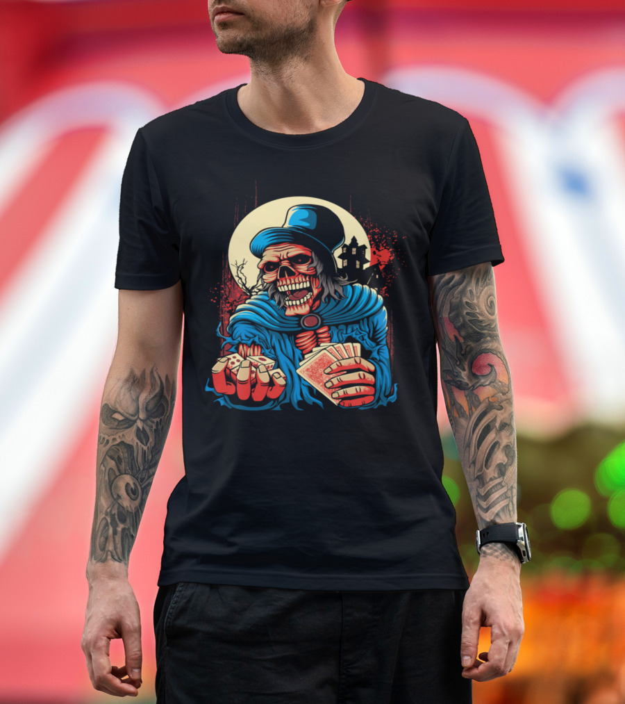 Scary Skeleton Old Man with Cards and Haunted House Background T-Shirt
