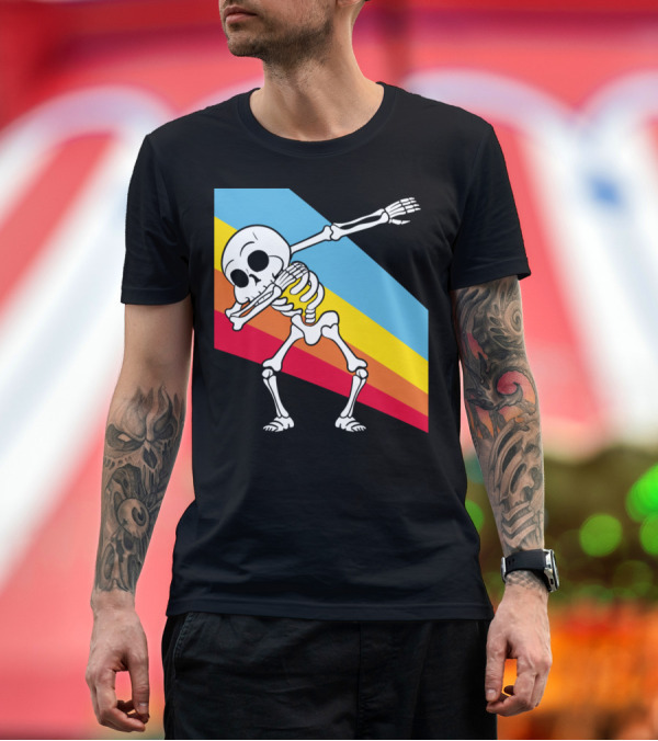 Premium T-Shirt: Retro Vintage Style Dabbing Dab Skeleton with Colorful Stripes T-Shirt Retro Vintage Style Dabbing Dab Skeleton with Colorful Stripes T-Shirt