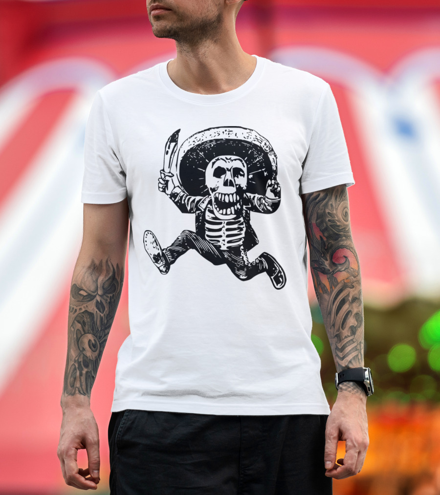 Calavera de José Guadalupe Posada Mexican Skeleton with Sombrero and Knife T-Shirt