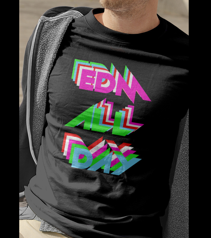 EDM All Day Cool Neon Anaglyph Style Rave Black Ink T-Shirt