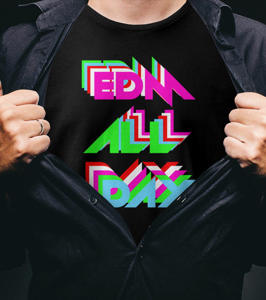 EDM All Day Cool Neon Anaglyph Style Rave Black Ink T-Shirt