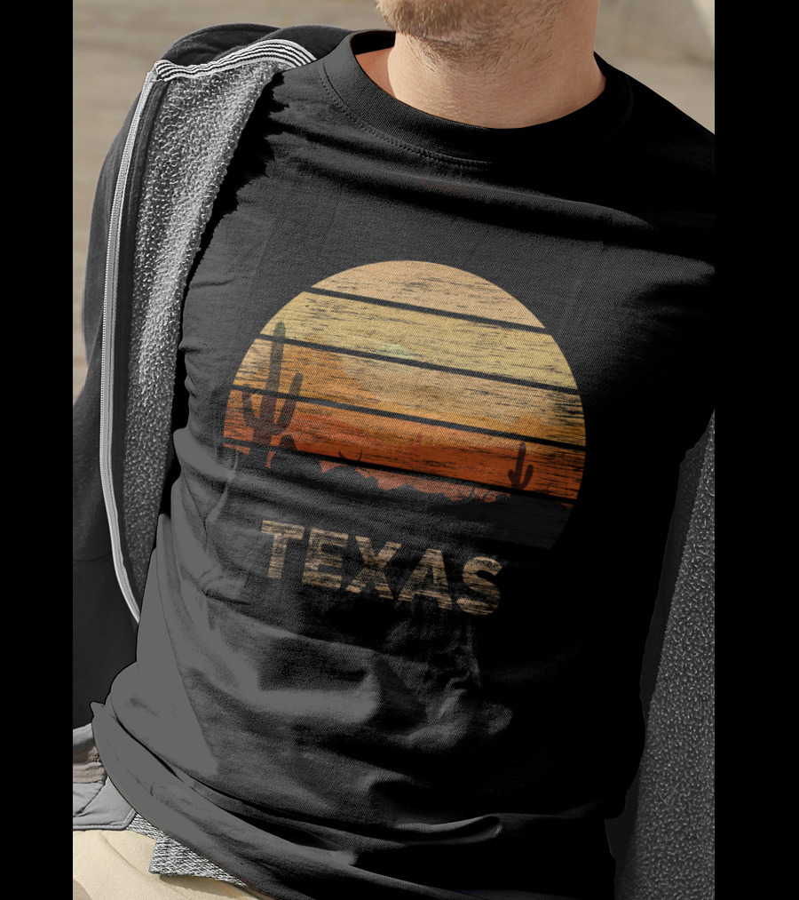 Texas 1980s Vintage Style Desert Sunset Cactus Scene T-Shirt