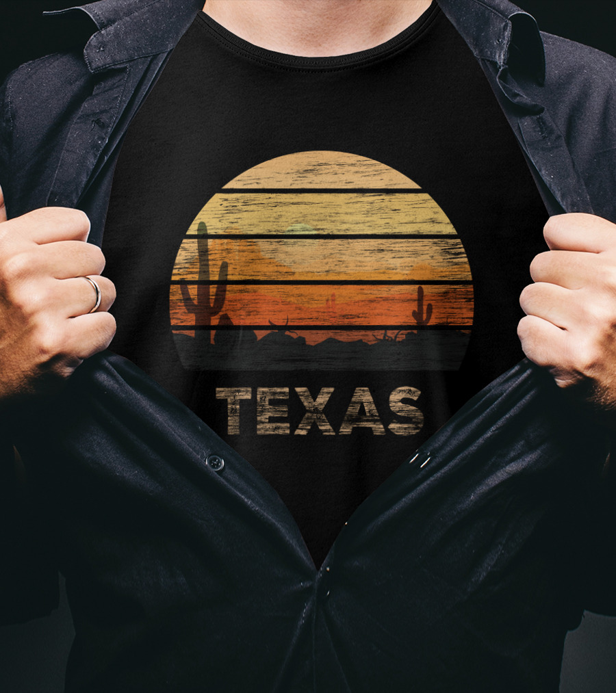 Texas 1980s Vintage Style Desert Sunset Cactus Scene T-Shirt