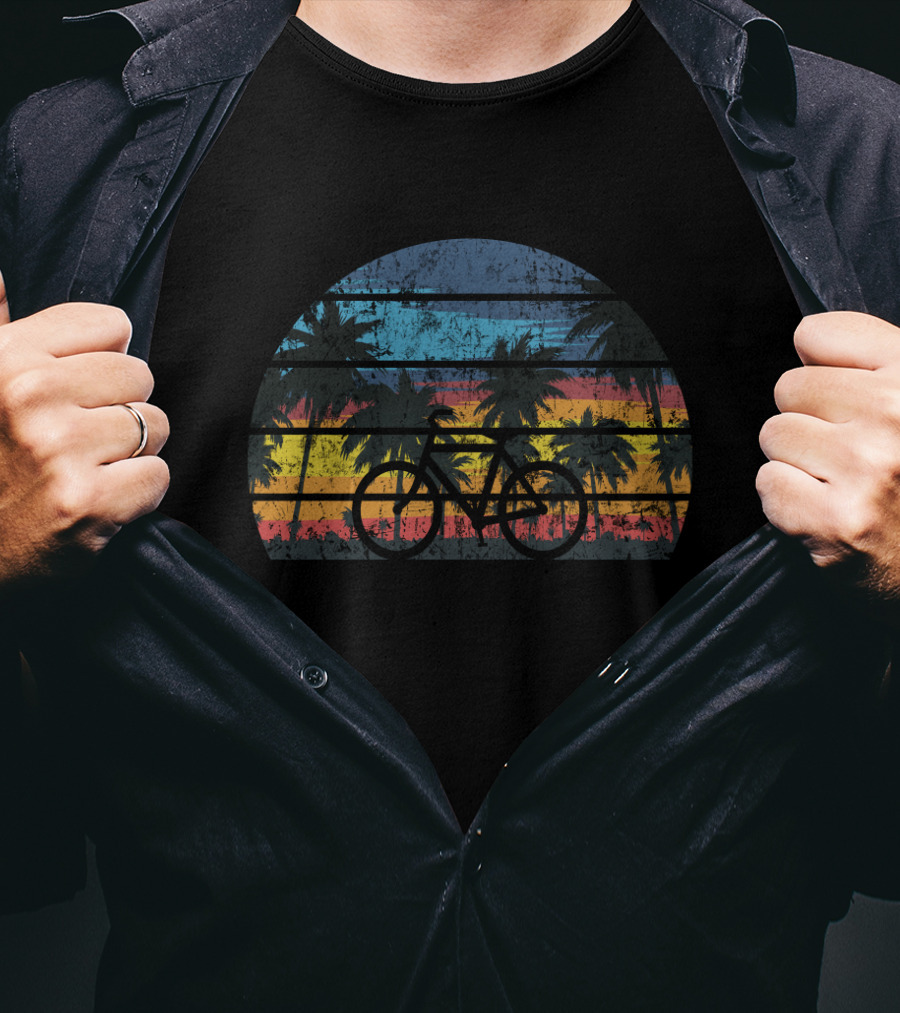 Bicycle Cycling Vintage Bike Rider Palm Trees Sunset Stripes T-Shirt