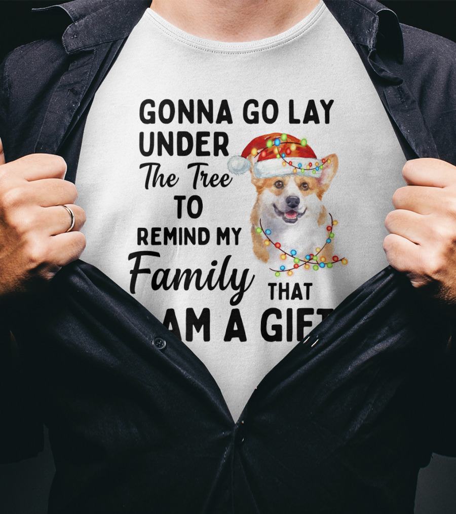 Gonna Go Lay Under The Tree To Remind My Family That I Am A Gift Corgi Christmas Lights Santa Hat T-Shirt