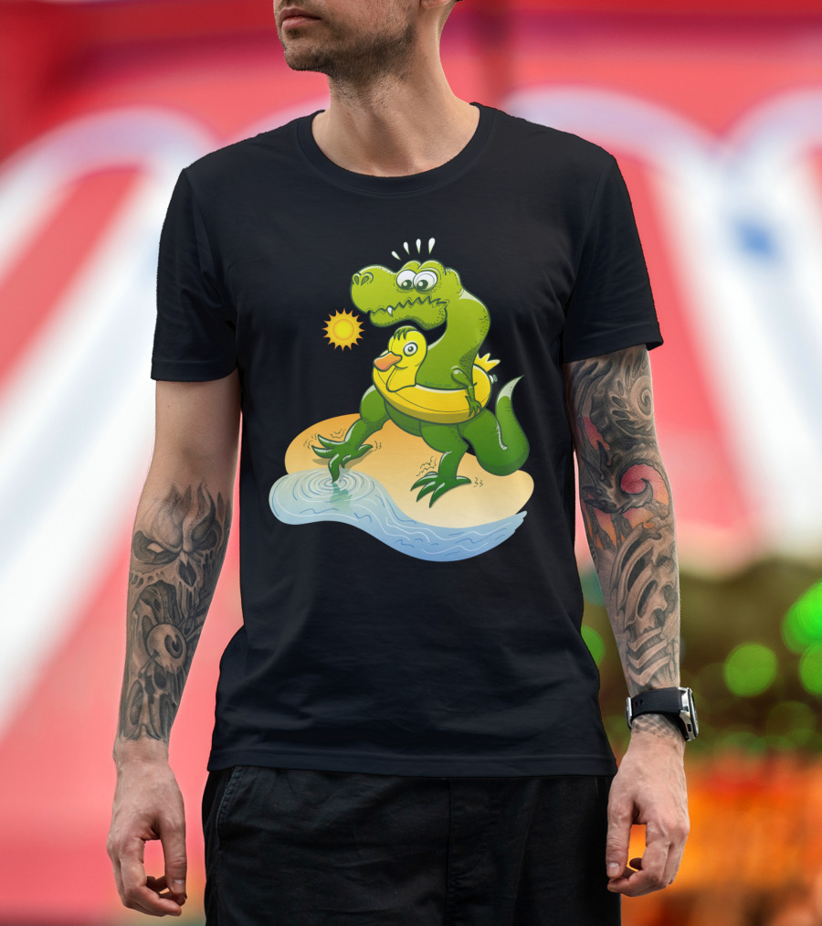 Tyrannosaurus Rex with Duck Float Ring Testing Cold Water on a Sunny Day T-Shirt
