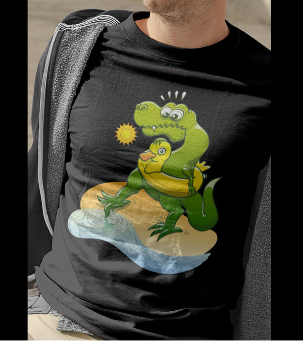Tyrannosaurus Rex With Duck Float Ring Testing Cold Water On A Sunny Day T-Shirt