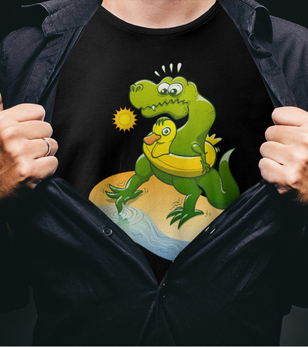 Tyrannosaurus Rex With Duck Float Ring Testing Cold Water On A Sunny Day T-Shirt