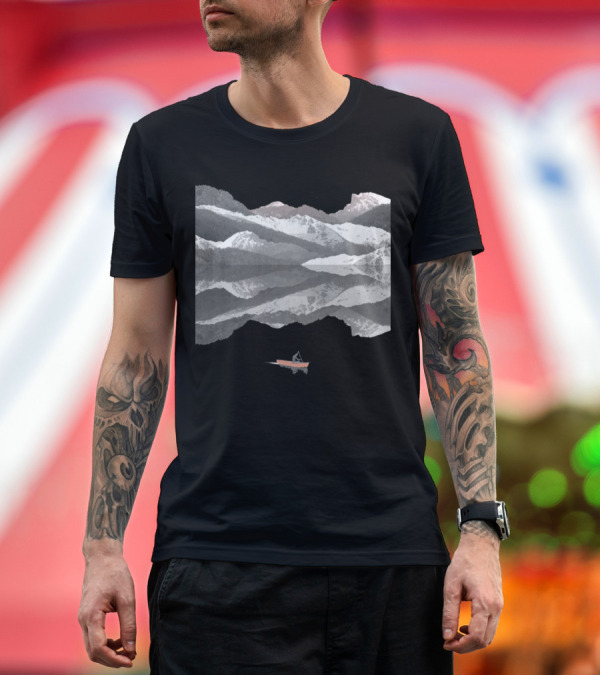 Premium T-Shirt: Mountain Lake Reflection with Boat and Snowy Peaks T-Shirt Mountain Lake Reflection with Boat and Snowy Peaks T-Shirt