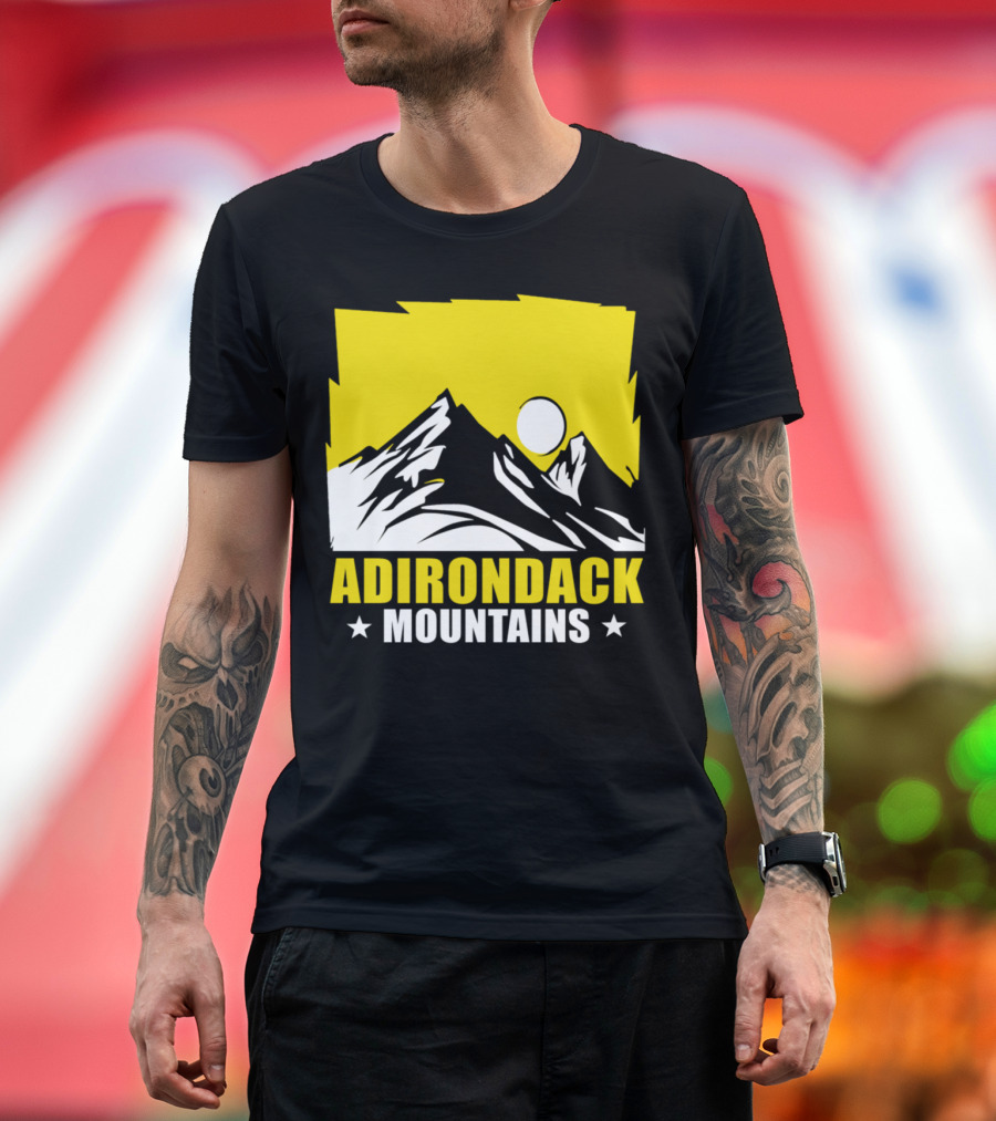 Adirondack Mountains Yellow Black Silhouette with Sun and Stars T-Shirt