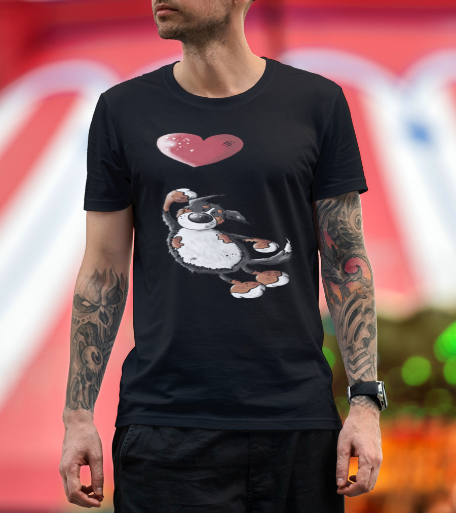Joyful Bernese Mountain Dog Holding Red Heart Balloon T-Shirt