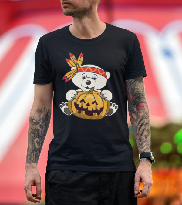 Premium T-Shirt: Halloween Indian Polar Bear Holding Pumpkin T-Shirt Halloween Indian Polar Bear Holding Pumpkin T-Shirt