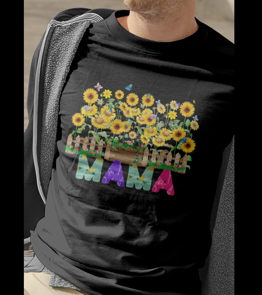 MAMA Sunflower Garden With Butterflies And Flowers T-Shirt