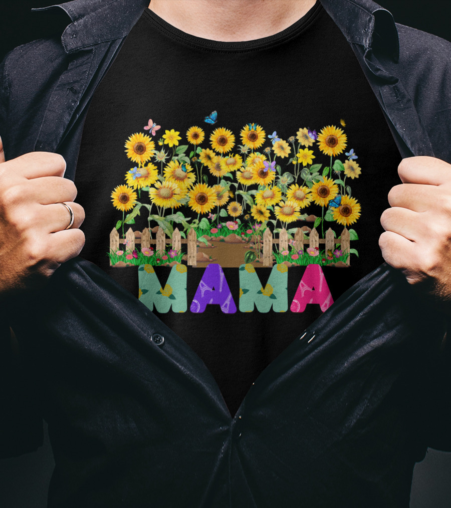 MAMA Sunflower Garden With Butterflies And Flowers T-Shirt