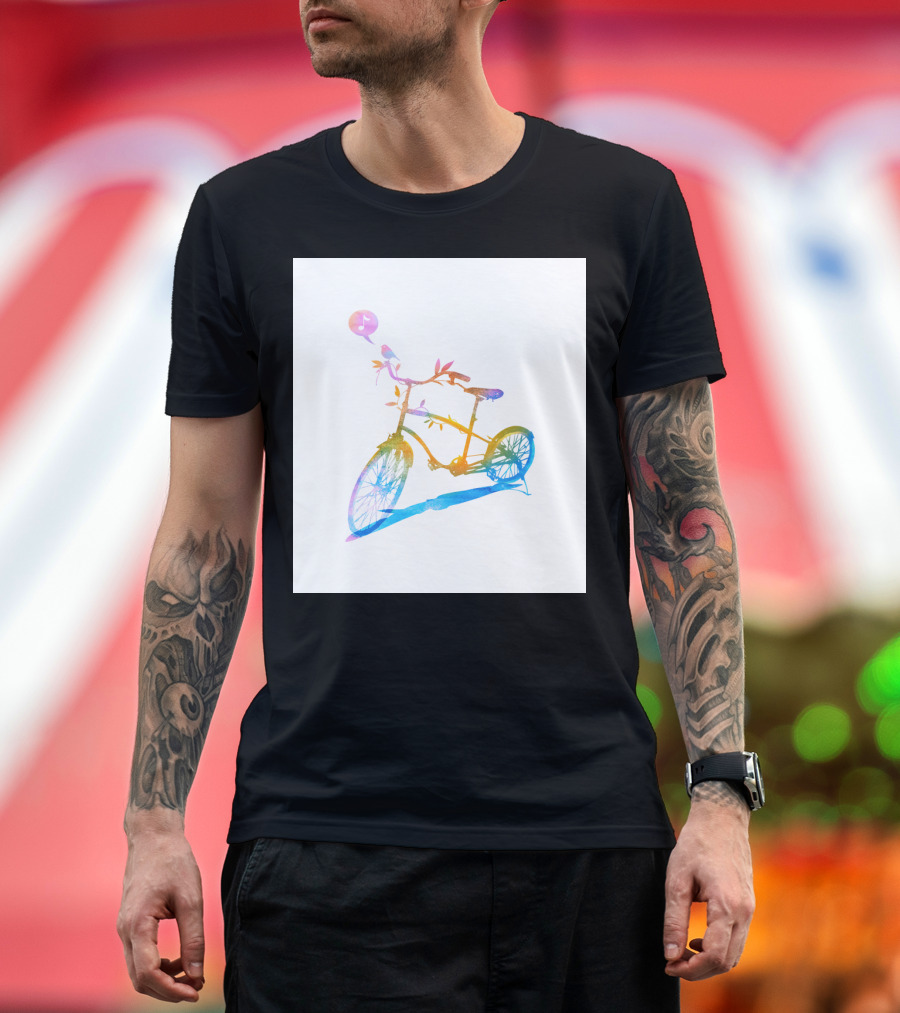 Bicycle with Musical Note and Nature Elements in Rainbow Colors T-Shirt