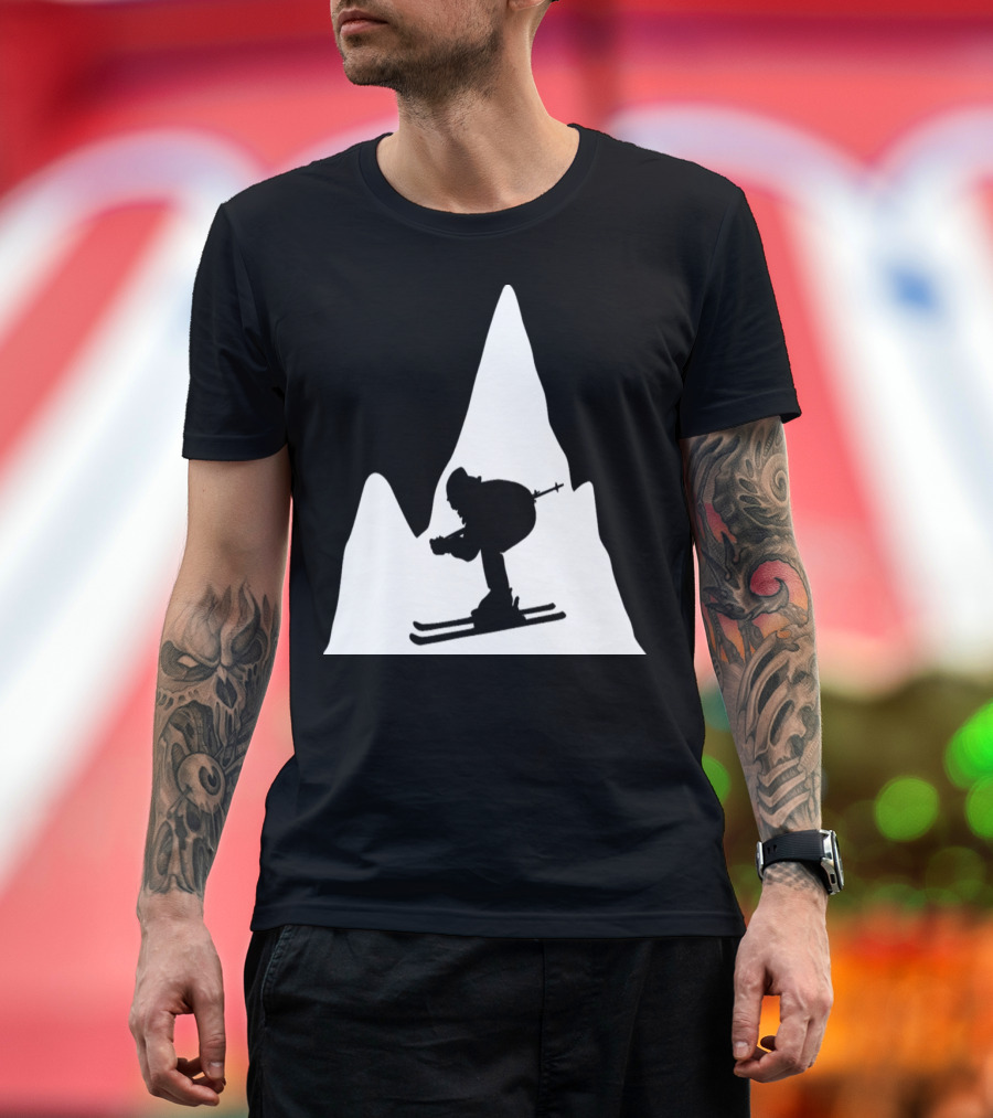 Skiing Adventure Silhouette Against Majestic Mountain Peaks T-Shirt