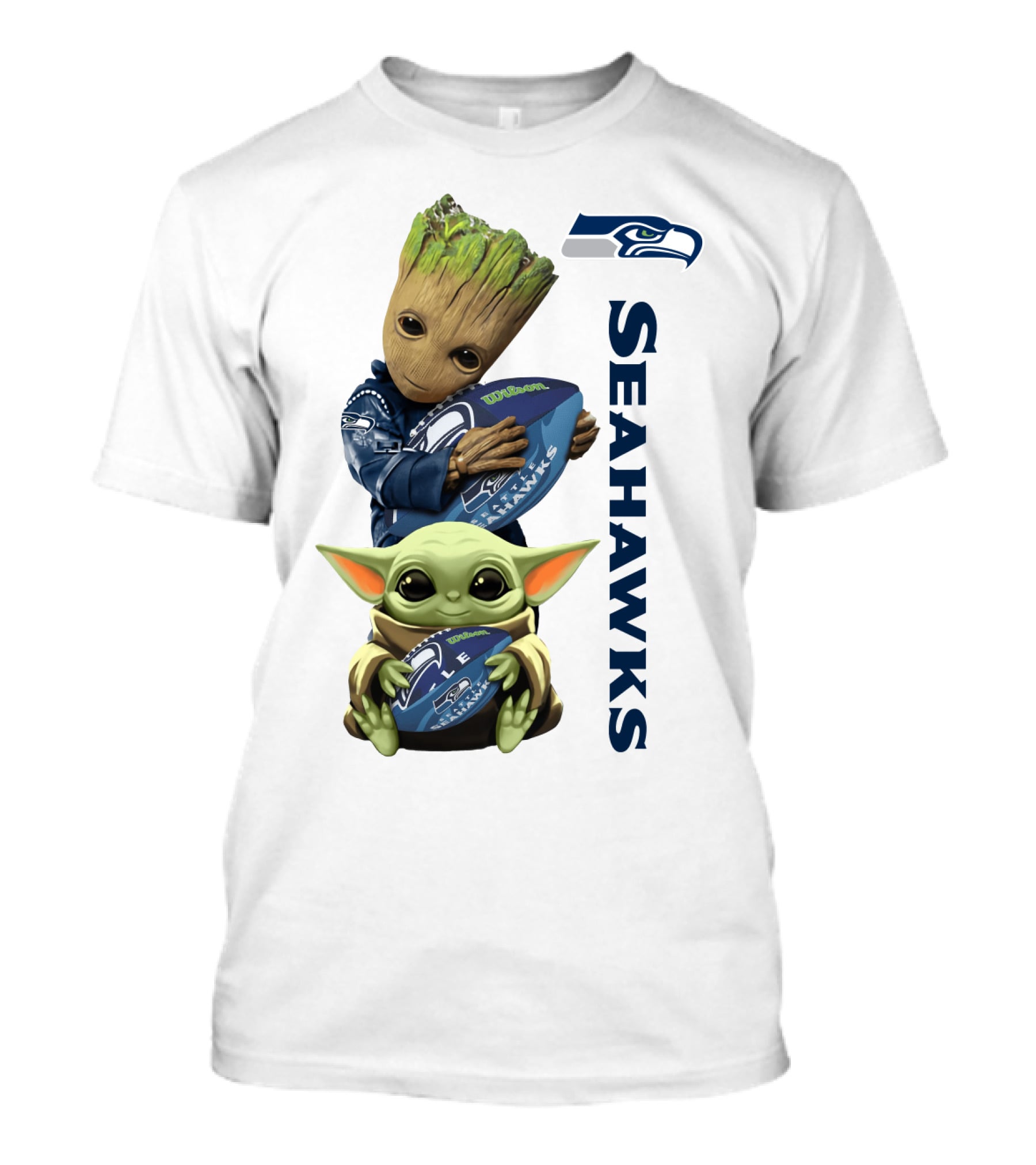 Baby Groot And Baby Yoda Hugging Seahawks Football T-Shirt