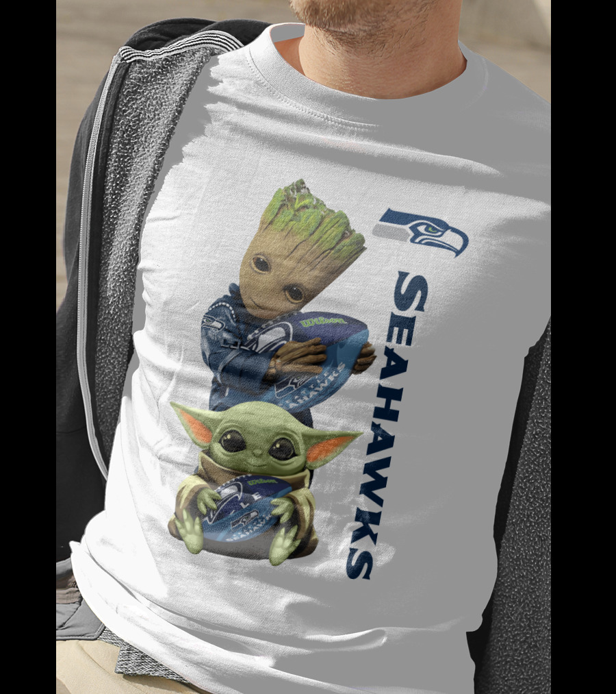 Baby Groot And Baby Yoda Hugging Seahawks Football T-Shirt