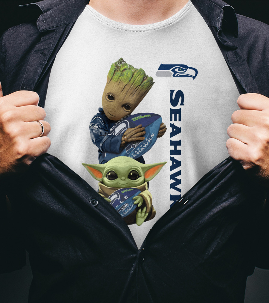 Baby Groot And Baby Yoda Hugging Seahawks Football T-Shirt