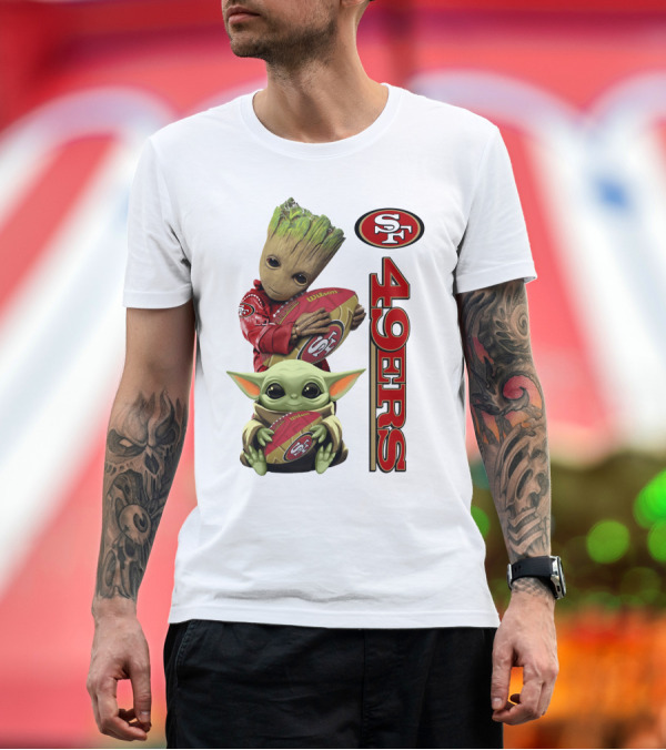 Premium T-Shirt: Baby Groot and Baby Yoda Hug San Francisco 49ers Football T-Shirt Baby Groot and Baby Yoda Hug San Francisco 49ers Football T-Shirt