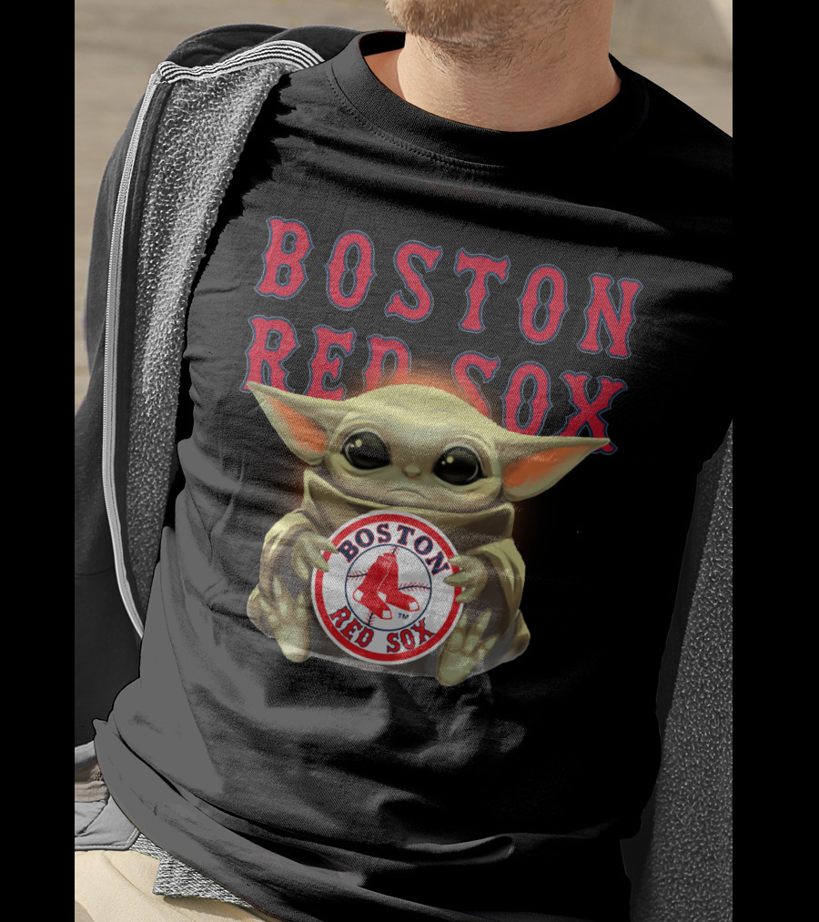 Boston Red Sox Baby Yoda Hugging Red Sox Emblem T-Shirt