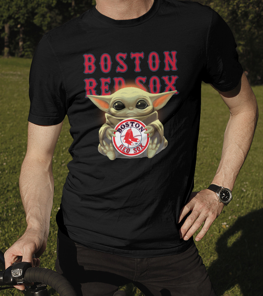 Boston Red Sox Baby Yoda Hugging Red Sox Emblem T-Shirt